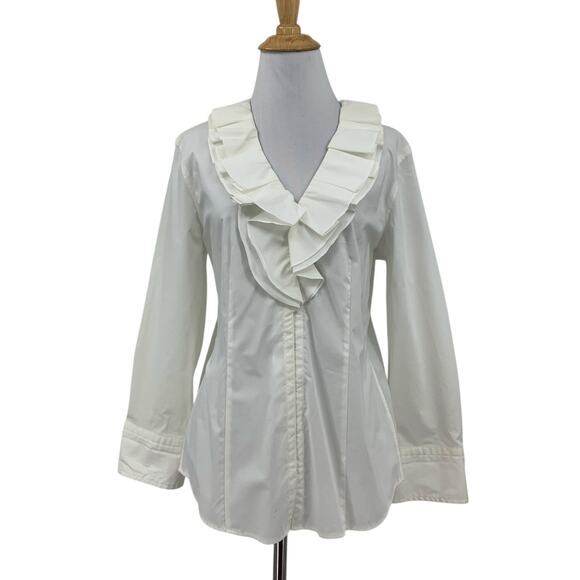Talbots Tops - Talbots Blouse Womens 8 Cream Stretch Ruffle Frill Poplin Long Sleeve Shirt